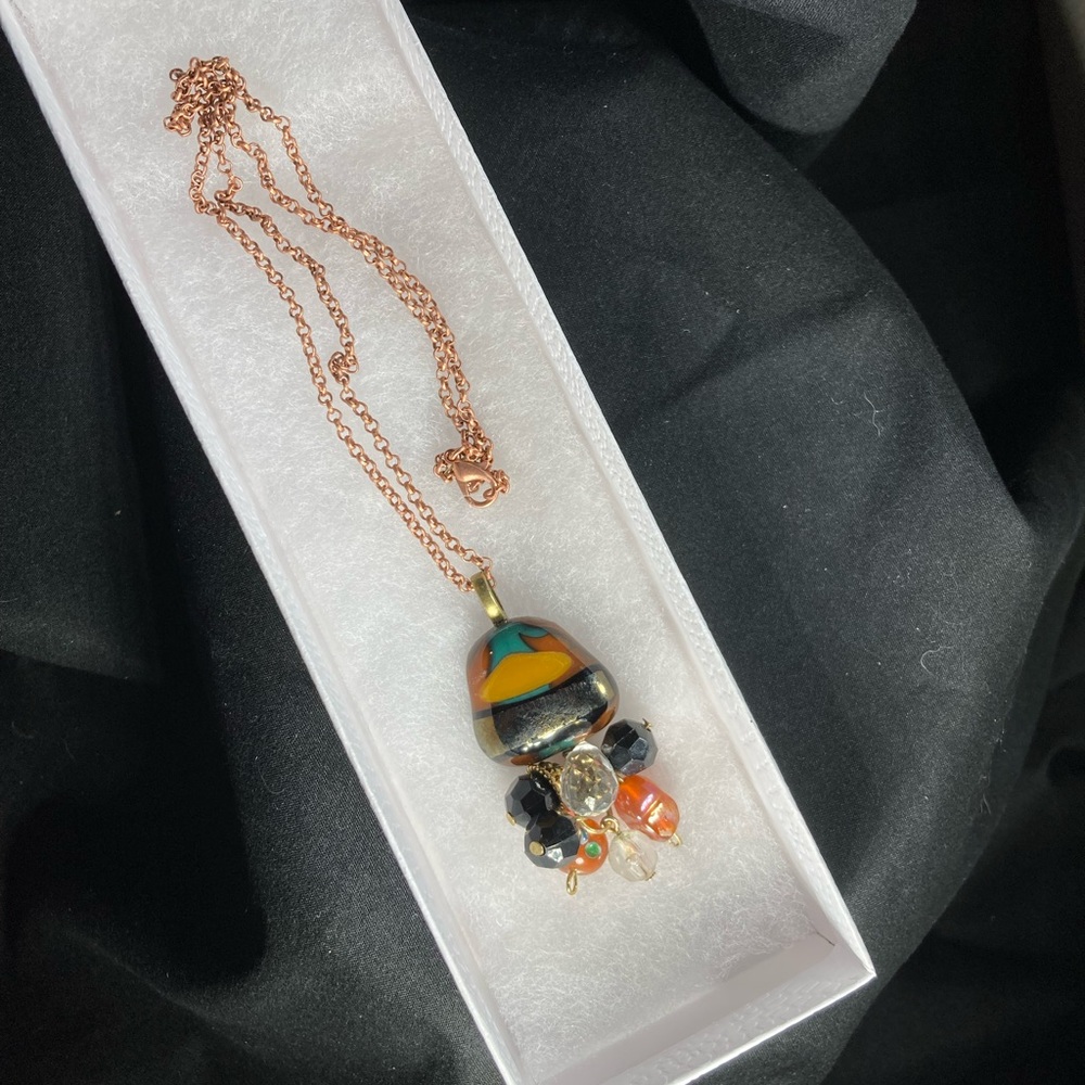 NWT Multicolor Fused Glass Pendant Necklace with Dangle
